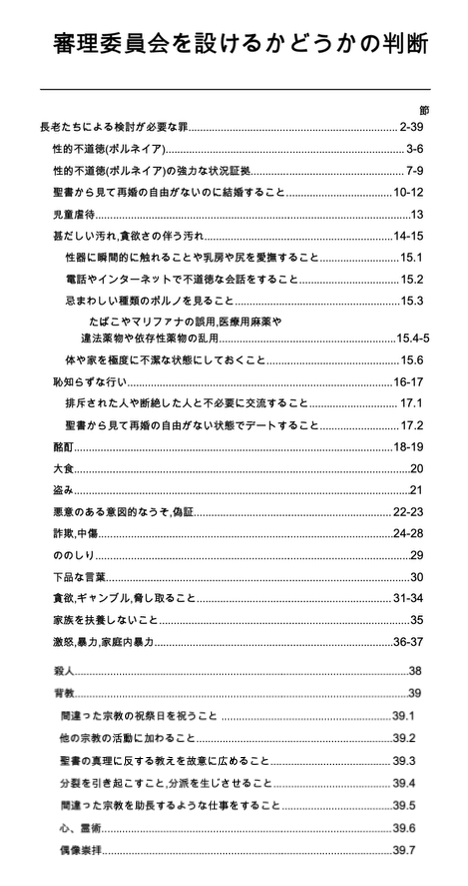 長老の教科書にある、排斥理由の目次